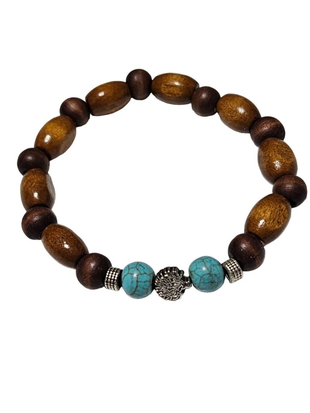 Handcrafted Southwest Bracelet Turquoise Wood Beaded Tree Charm Stretch Jewelry